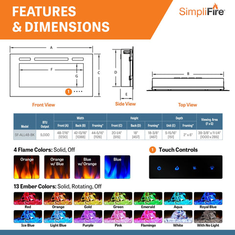 Image of SimpliFire Allusion 48" Wall Mount/Recessed Linear Electric Fireplace | SF-ALL48-BK