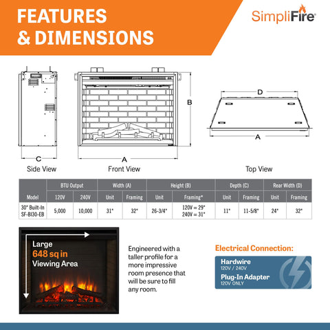 Image of SimpliFire 30" Built-In Electric Fireplace | SF-BI30-EB