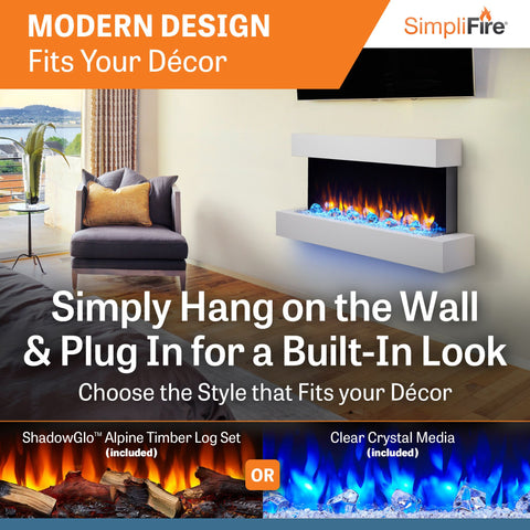 SimpliFire Format 43" Floating Mantel Built-In/Wall Mount Linear Electric Fireplace | SF-FM43-WH