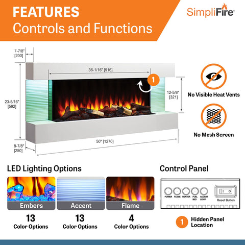 Image of SimpliFire Format 50" Floating Mantel Wall Mount Linear Electric Fireplace | SF-FM50-WH