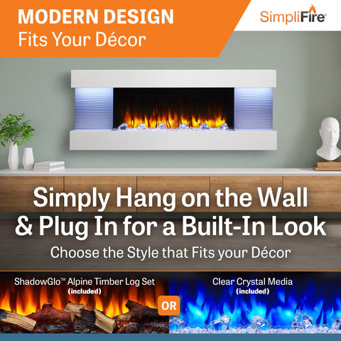 SimpliFire Format 60" Floating Mantel Wall Mount Linear Electric Fireplace | SF-FM60-WH