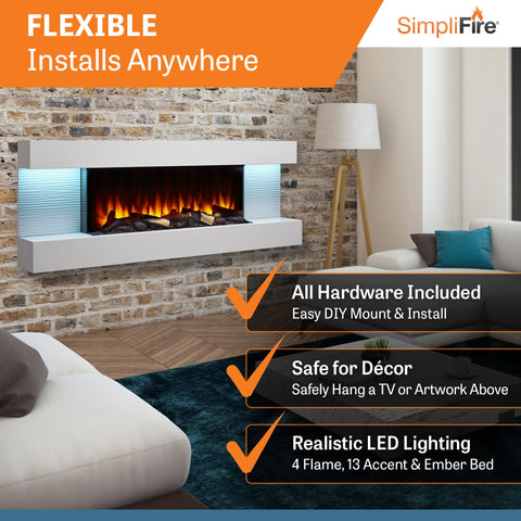 Image of SimpliFire Format 60" Floating Mantel Wall Mount Linear Electric Fireplace | SF-FM60-WH