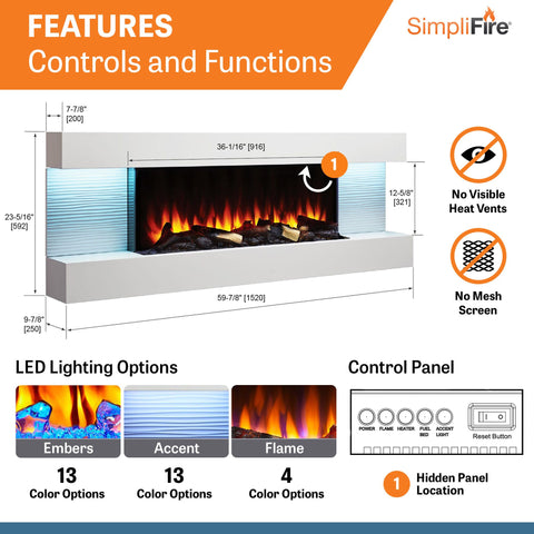 Image of SimpliFire Format 60" Floating Mantel Wall Mount Linear Electric Fireplace | SF-FM60-WH